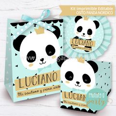 kit imprimible oso panda varon decoración candy bar panda