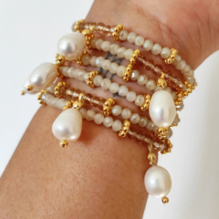 Pulseira Cristais Nude e Pingente Pérola