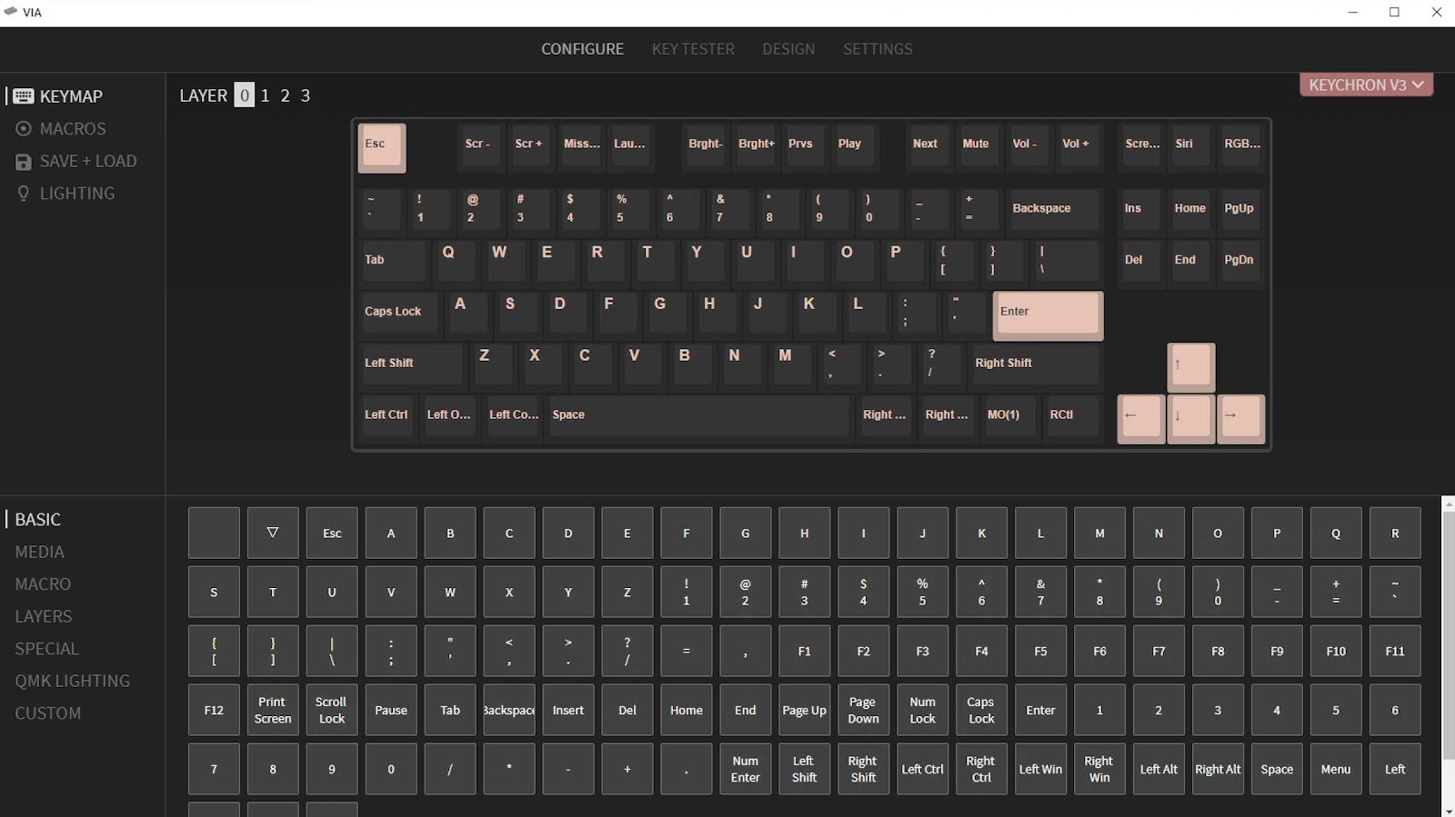 Captura de pantalla QMK VIA del teclado mecánico personalizado Keychron V3