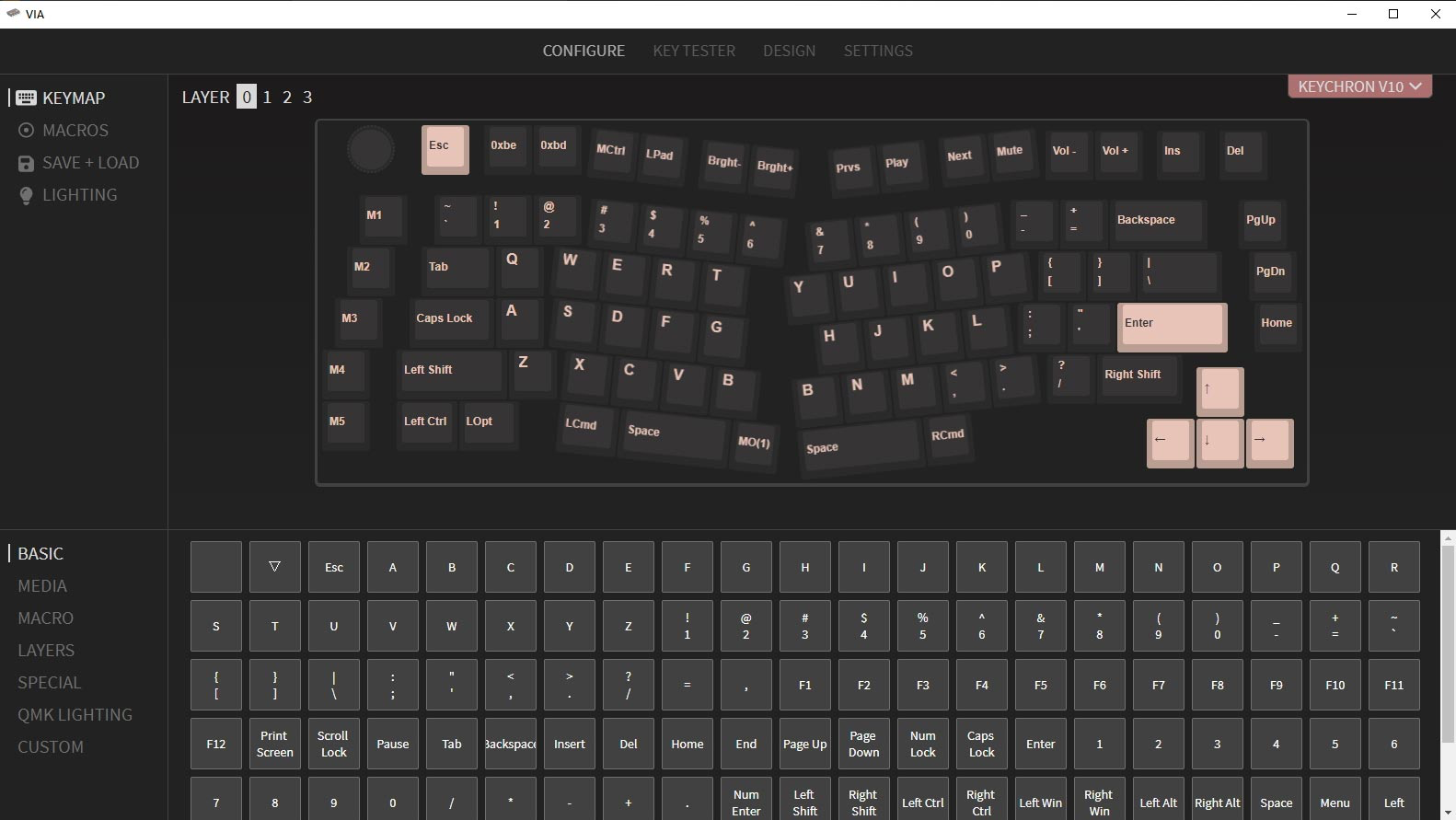 Captura de pantalla QMK VIA del teclado mecánico personalizado Keychron V10