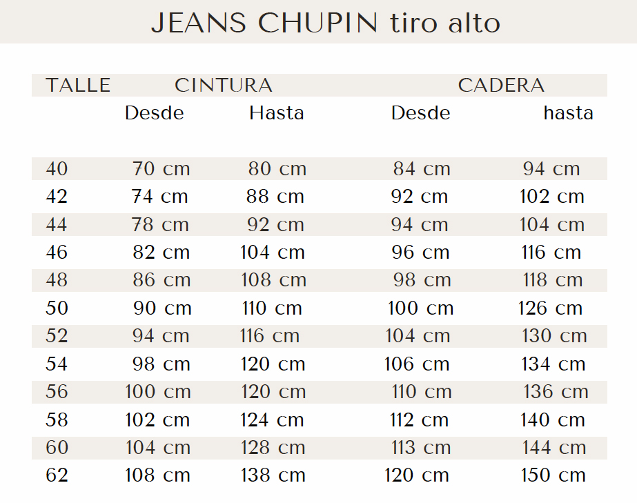 TABLA DE TALLES CHUPIN TIRO ALTO 