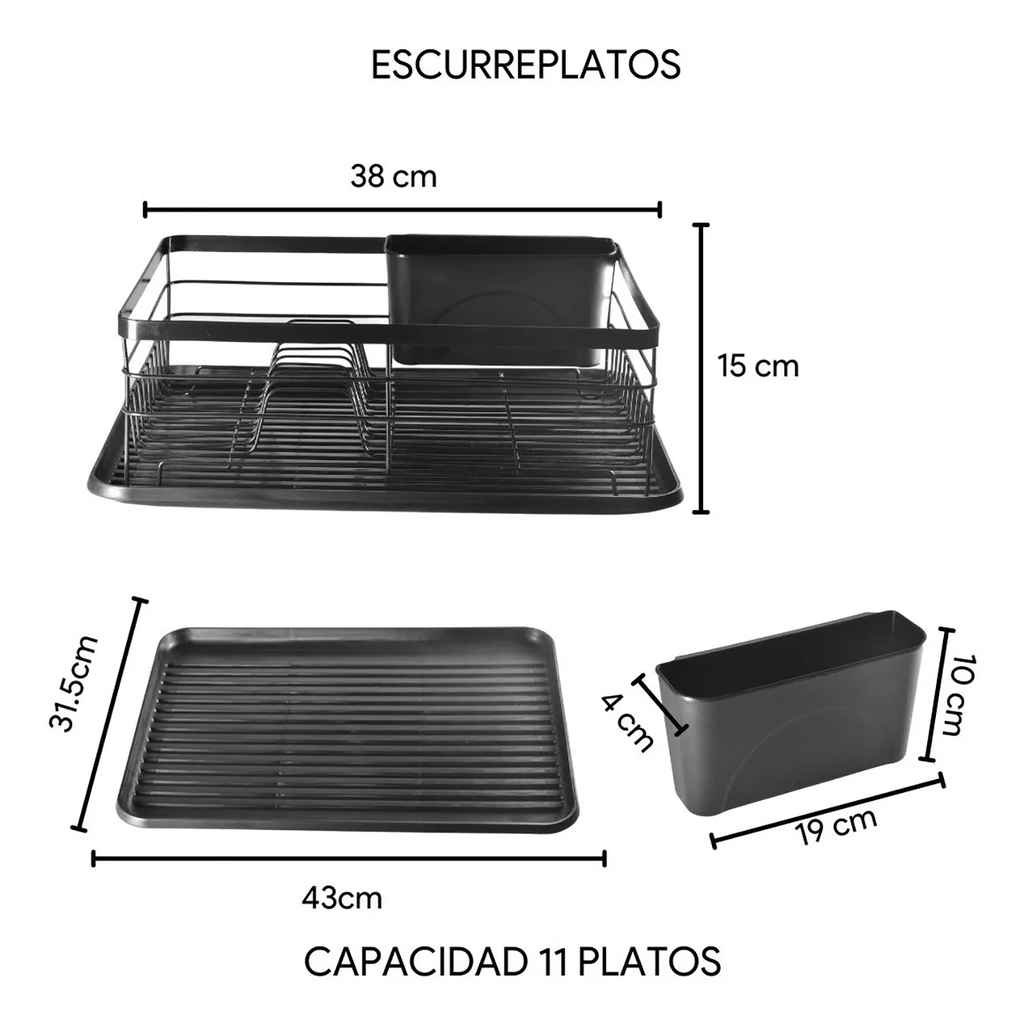 Secador O Escurridor De Platos Con Bandeja Pvc Negro