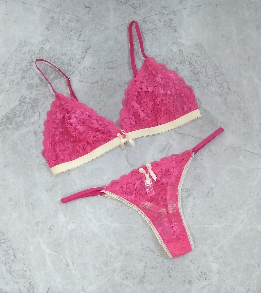 CORPIÑO TOP 12021 + CULOTTE 13022 ¡PINK XMAS 2X1! ♡ CONJUNTO TOP DE  PUNTILLA TUL Y MICROFIBRAI
