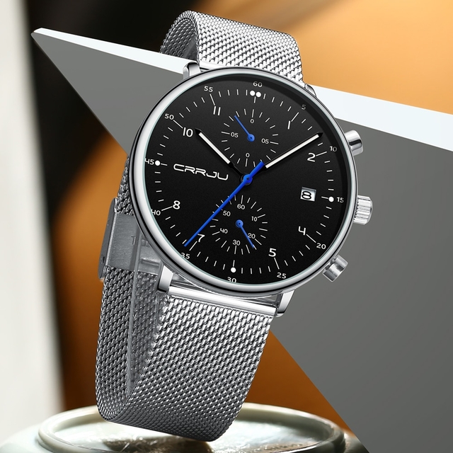 Relógio masculino CRRJU de luxo de marca superior masculina em aço  inoxidável. Relógio masculino militar à prova d'água Date Quartz relogio  masculino