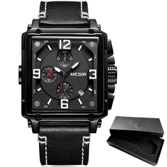 Megir pulseira de couro exército cronógrafo quartzo relógios de pulso masculino quadrado esportes cronômetro homem relógio relogios masculino 2061 marrom