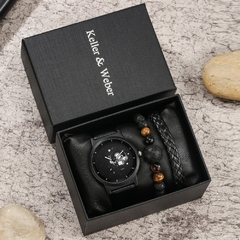 Relógio conjunto de presente masculino clássico couro preto relógio masculino quartzo minimalista mostrador 2 peças pulseiras ajustáveis caixa de presentes para namorado