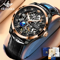 Relógio de luxo OUPINKE para homens mecânico automático couro de safira à prova d'água esportes esqueleto relógios de pulso marca reloj hombre