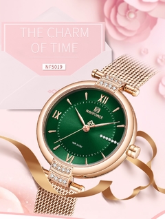 NAVIFORCE luxo marca relógios de diamante para mulheres moda moda romana relógio de pulso senhora quartzo verde pulseira de aço à prova d'água