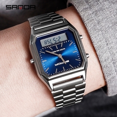 2019 Novos relógios masculinos Sanda com faixa retro de aço inoxidável display digital erkek kol saati zegarek damski relogios relógios de pulso