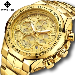 Relogios militares esportivos WWOOR masculinos marca de luxo ouro cheio de aço impermeável analógico relógio de pulso 24 horas quartzo relogio masculino