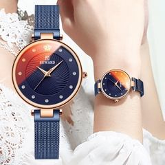 Relógios femininos ultrafinos de luxo da moda relógio de quartzo analógico de vidro colorido feminino malha azul relógio de pulso casual impermeável