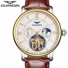Relógios masculinos GUANQIN de luxo turbilhão de luxo esqueleto relógio luminoso masculino casual couro relógio de pulso mecânico automático