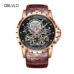 OBLVLO Relógios militares masculinos Relógios automáticos impermeável rosa ouro esqueleto pulseira de couro marrom Montre Homme RM-T
