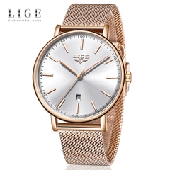 Relógios femininos LIGE Marca de luxo relógio à prova d'água moda feminina em aço inoxidável ultrafino relógio de pulso casual relógio de quartzo