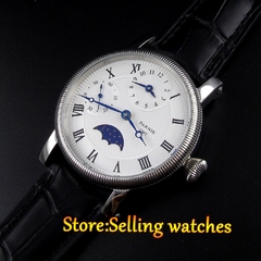 Relógio masculino com movimento de corda manual de 42 mm parnis branco GMT Moon Phase