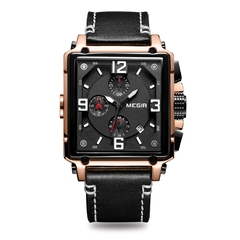 Novo relógio MEGIR criativo para homens da marca de luxo relógios de quartzo com cronógrafo. Relógio masculino de couro do exército militar quadrado relógios de pulso