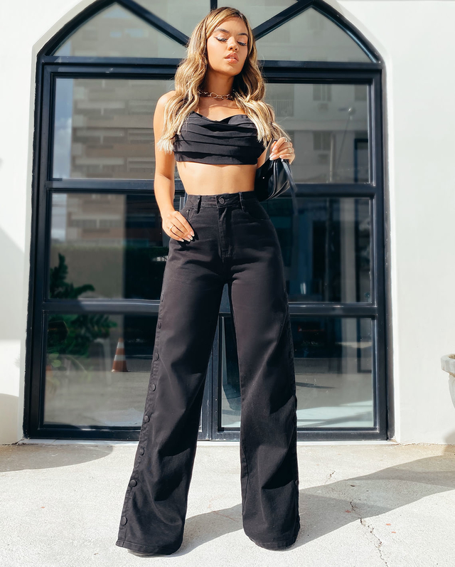 Calça Wide Leg em Jeans Escuro Azul