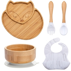 Conjunto de peças utensílios a mesa do bebê pratos de bambu com copo de silicone - comprar online