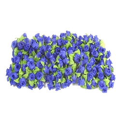 Mini Botão de Rosas em Tecido - 144 unidades - Azul Royal com Folhas Verdes
