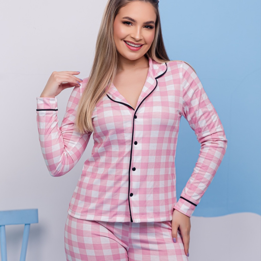 PIJAMA ALFAIATARIA LONGO XADREZ ROSA BEBÊ - Santo Pijama