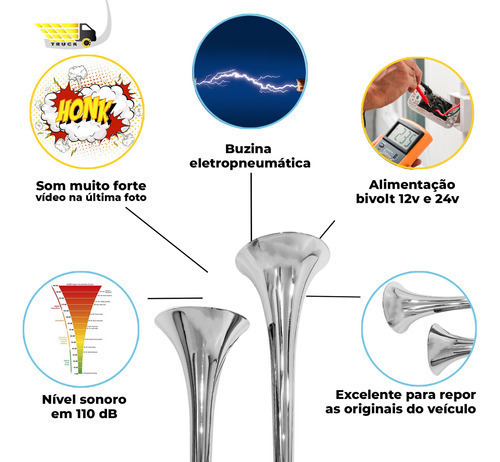 Buzina a Ar Para Caminhão, 2 Cornetas