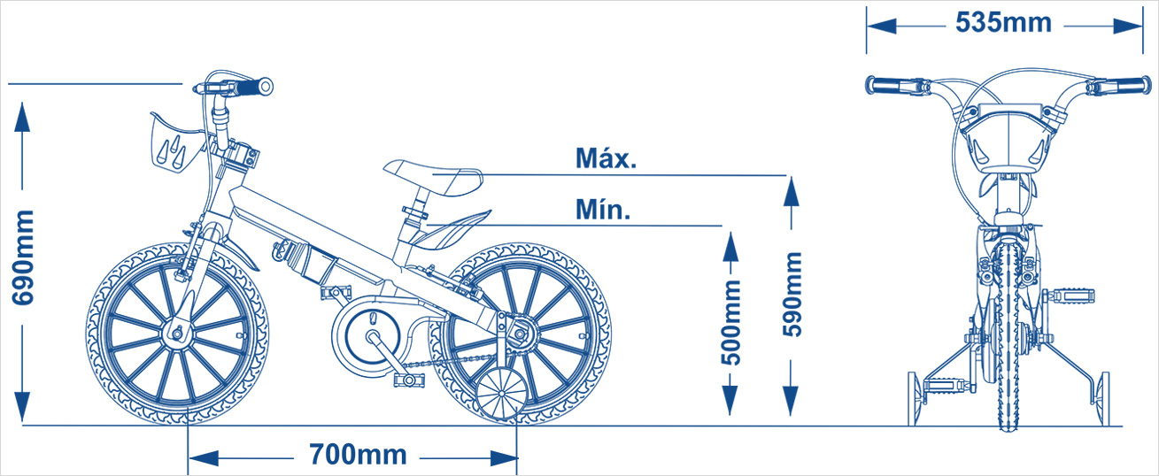 Desenho técnico da bicicleta aro 16 Nathor com as dimensões do produto.