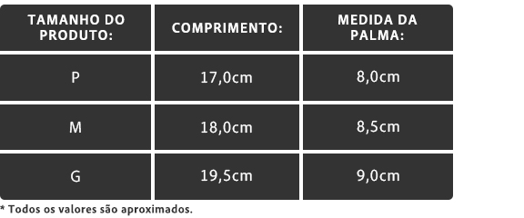 Tabela de Medidas - Luva Extreme Pro Extralight