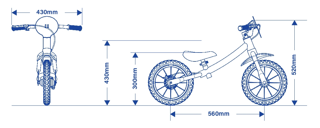 Desenho técnico da bicicleta balance Nathor com as dimensões do produto.