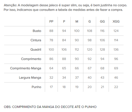 Tabela de medidas do Jaleco Feminino Juicy Preto Dra Cherie vendido por Dra Puro Charme Santarém