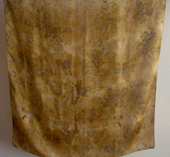 Lenço de seda dourado flor de algodoeiro-da-praia e macela tingimento natural Fernanda Mascarenhas
