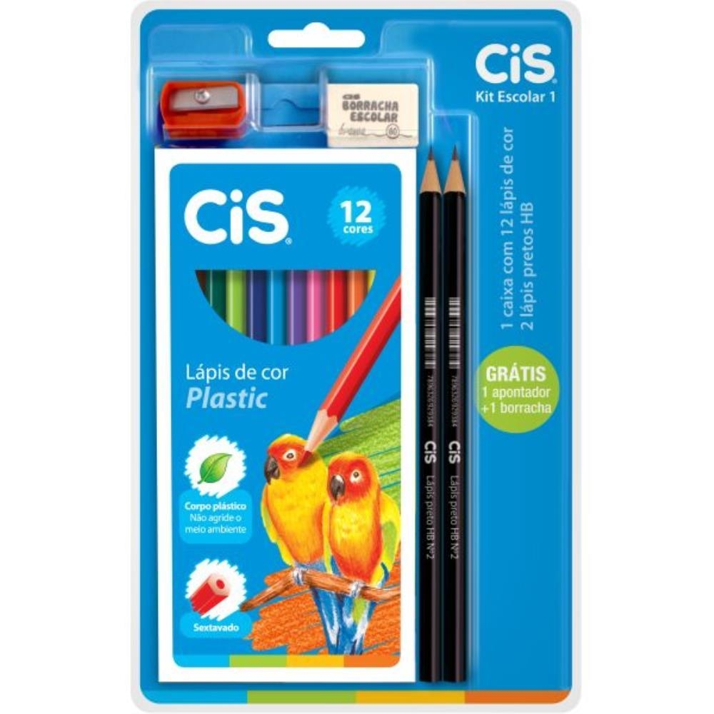 Kit Escolar Lápis de Cor + 2 Lápis de Escrever + Apontador + Borracha - Cis