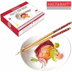 PRATO DE PORCELANA COM HASHI (COMIDA ORIENTAL)