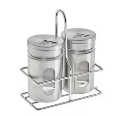 SALEIRO E PIMENTEIRO DE VIDRO 100ML CADA COM SUPORTE 11X5,5X13CM DE AÇO INOX HAUSKRAFT