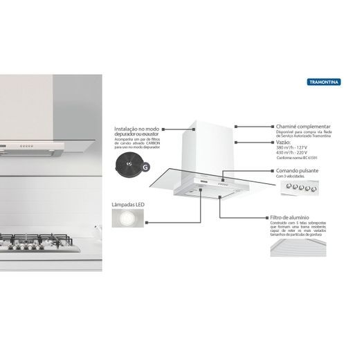 Coifa de Ilha Tramontina New Dritta Isla em Aço Inox 90 cm 127 V