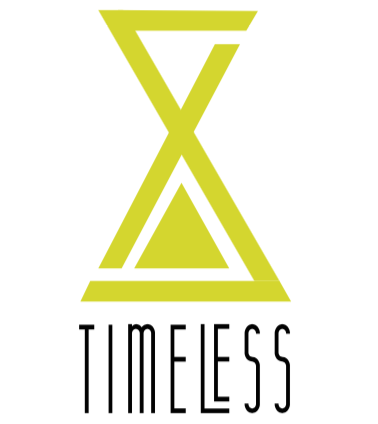 logotipo da empresa, uma ampulheta escrito timeless abaixo.