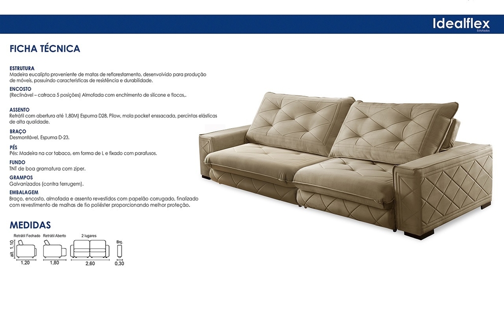 Estofado Idealflex Titan 2.60m Castor 530 Retrátil e Reclinável