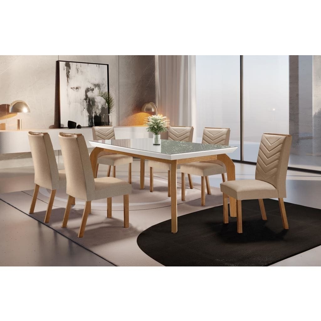 Conjunto Sala de jantar mesa Cronos off white em mdf 8 Cadeira