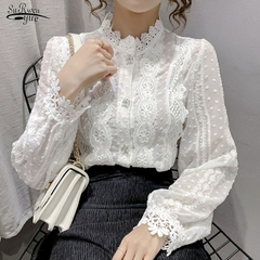 Blusas femininas elegantes de renda manga longa blusas brancas de crochê oco com gola alta camisas cortadas elegantes pulôveres femininos 16296 - Pandora store