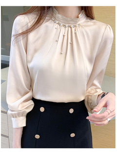 Imagem do Blusa de manga comprida feminina, blusa da moda 2021 com miçangas gola alta de chiffon, camisa feminina tops d537