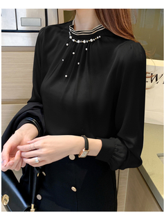 Blusa de manga comprida feminina, blusa da moda 2021 com miçangas gola alta de chiffon, camisa feminina tops d537 - loja online