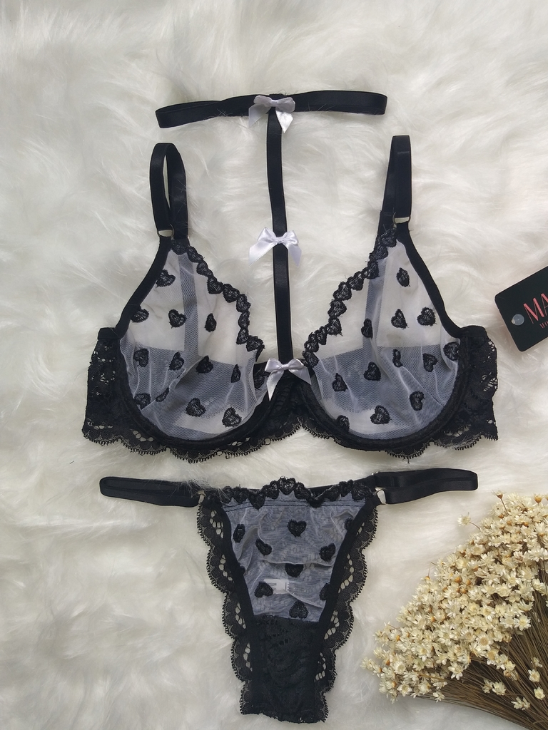 Conjunto de Lingerie tule bordado corações (3005)