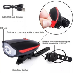 Luz Led Con Bocina Delantera Usb Linterna Farol - comprar online