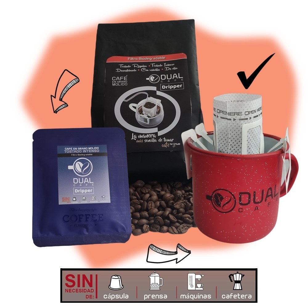 Dripper Café en Grano Molido, CAFE DUAL INTENSO, 18 filtros Individuales  con Café de Grano de