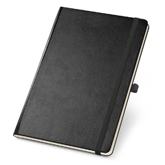 Caderno personalizado formato B6 com capa dura. Contém suporte para esferográfica, na internet