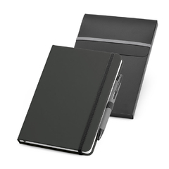 Kit de caderno personalizado tamanho A5 com esferográfica e capa em couro sintético com 80 folhas não pautadas. - Mkt Brindes 
