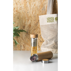 Garrafa em vidro de borossilicato com parede dupla e tampa em bambu, Incluso 2 infusores em aço inox, garrafa personalizado com logo - loja online