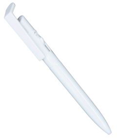 Imagem do Caneta plástica personzalizada corpo branco e com detalhes no acionador e destravador colorido