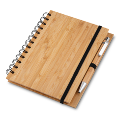 Caderno de anotação com capa de fibra de bambu e com elástico.