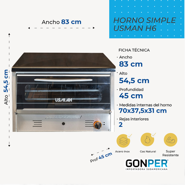 Horno Pizzero Simple Gas Natural-Envasado 6 Bandejas / USMAN / HS-H6
