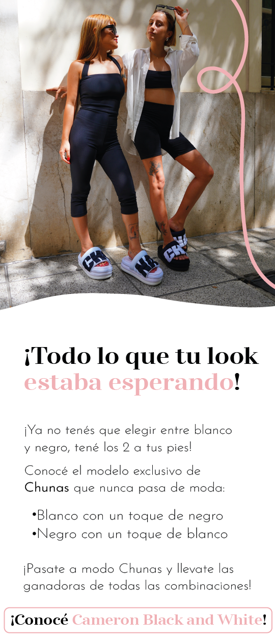 ¡Todo lo que tu look  estaba esperando! ¡Ya no tenés que elegir entre blanco  y negro, tené los 2 a tus pies! Conocé el modelo exclusivo de Chunas que nunca pasa de moda:  Blanco con un toque de negro Negro con un toque de blanco ¡Pasate a modo Chunas y llevate las ganadoras de todas las combinaciones! ¡Conocé Cameron Black and White!